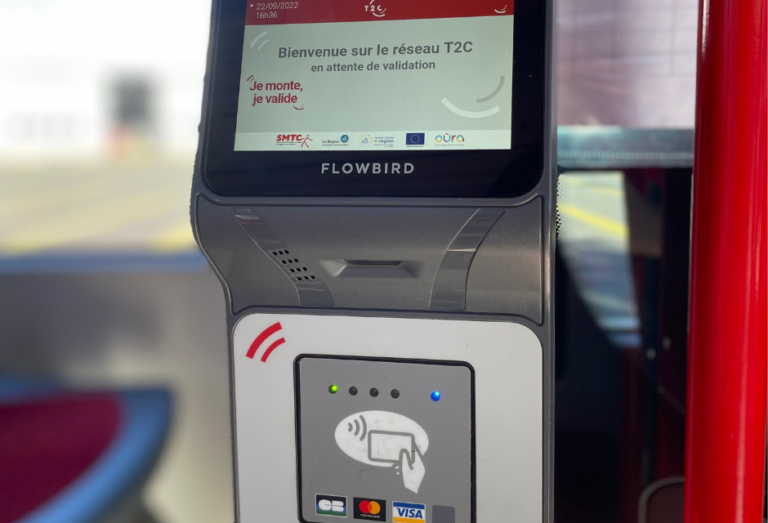 open payment validator for fare collection on bus in Clermont Ferrand